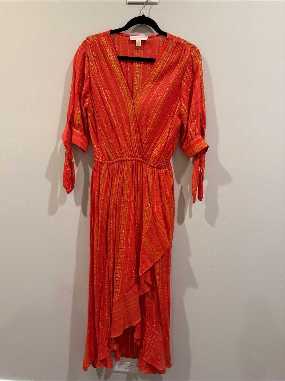 MICHAEL Michael Kors Orange Wrap High-Low Midi Dress with Gold Stripes